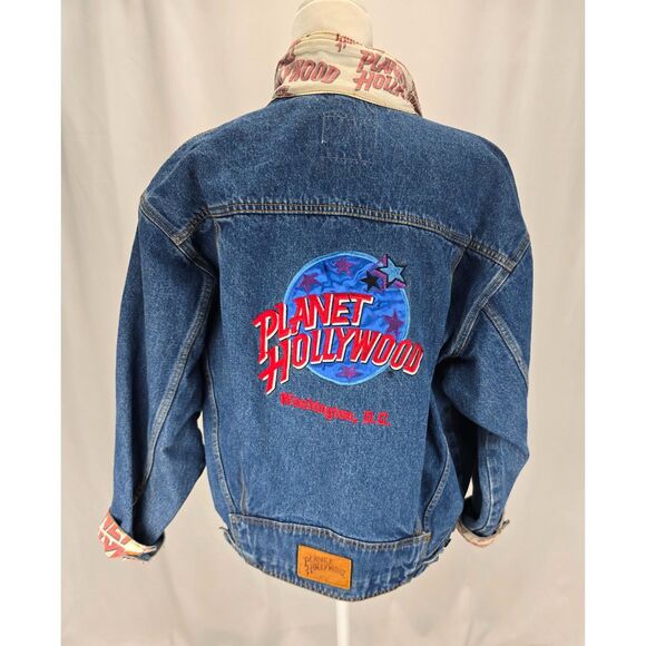 Unisex Vintage 90s Planet Hollywood Blue Jean Denim Jacket SZ MED Washington, DC - Picture 3 of 14